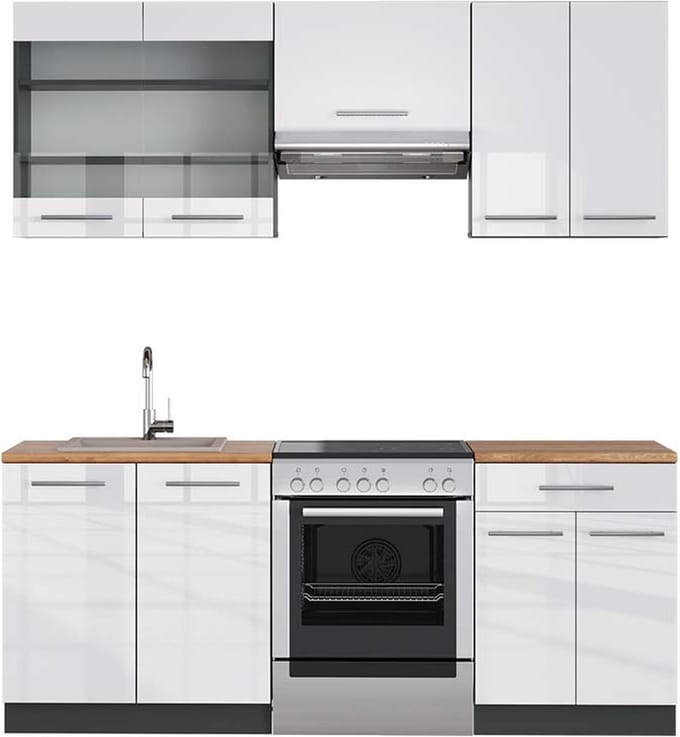 Vicco Fame-Line Complete keukeneenheid – 200 cm, WB Eik Wit hoogglans/antraciet