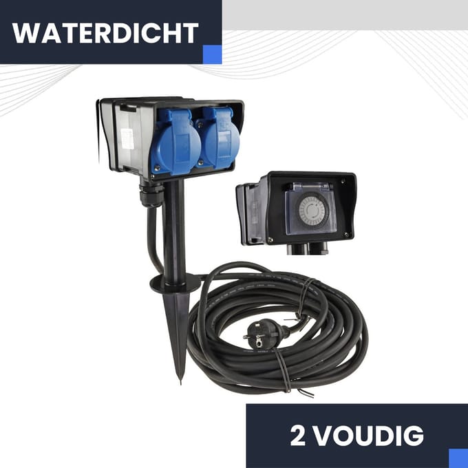 Buitenstopcontact 2 voudig met timer IP44 Incl. 3 meter lange kabel
