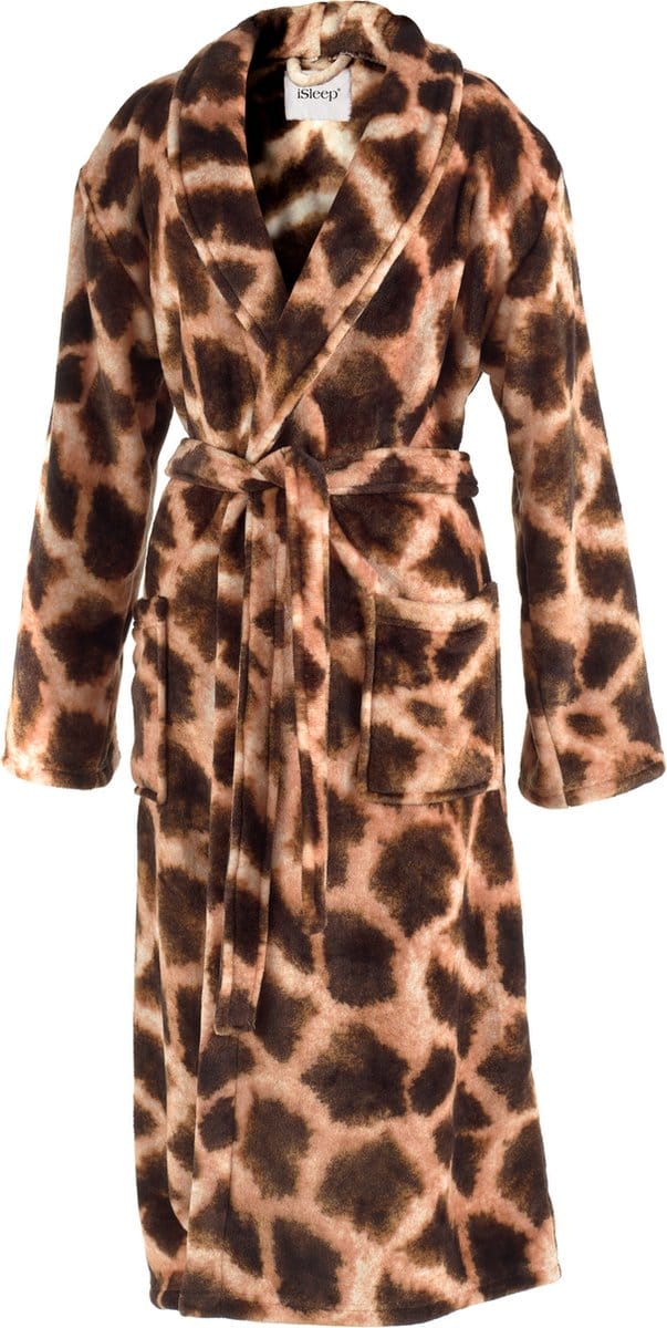 iSleep Badjas - Giraf Print - Zachte Fleece - Lang Model - Maat L - Bruin