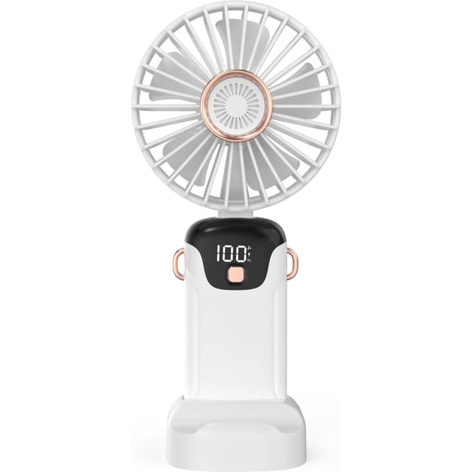 Ventilateur Portable Mini Ventilateur Électrique Portatif avec Écran LED Affichage de la Batterie Support 5 Vitesse de Vent Réglables blanc