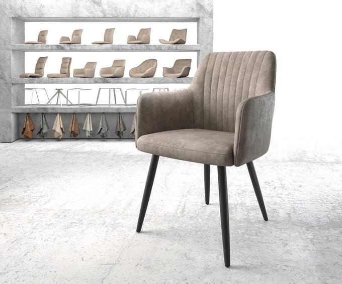 Gestoffeerde-stoel Greg-Flex 4-poot conisch zwart microvelours taupe vintage pocketveer kern