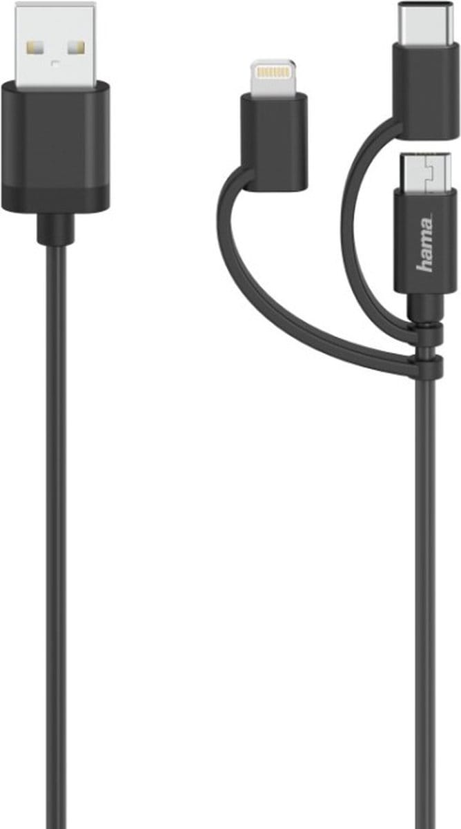 Hama Micro-USB-kabel 3in1 Incl. Adapt. Naar USB-C & Lightning USB 2.0 0,75 M