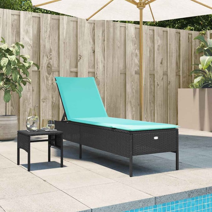 vidaXL - Ligstoel - met - tafel - en - kussen, - zwart - polyrotan