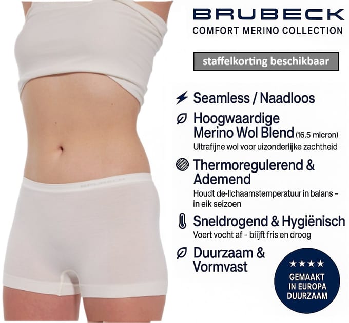 Brubeck Dames Boxershort – Merino Wol Blend Naadloos Ondergoed - Crème wit L