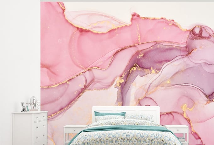 Behang - Fotobehang Goud - Marmer - Roze - Breedte 325 cm x hoogte 260 cm
