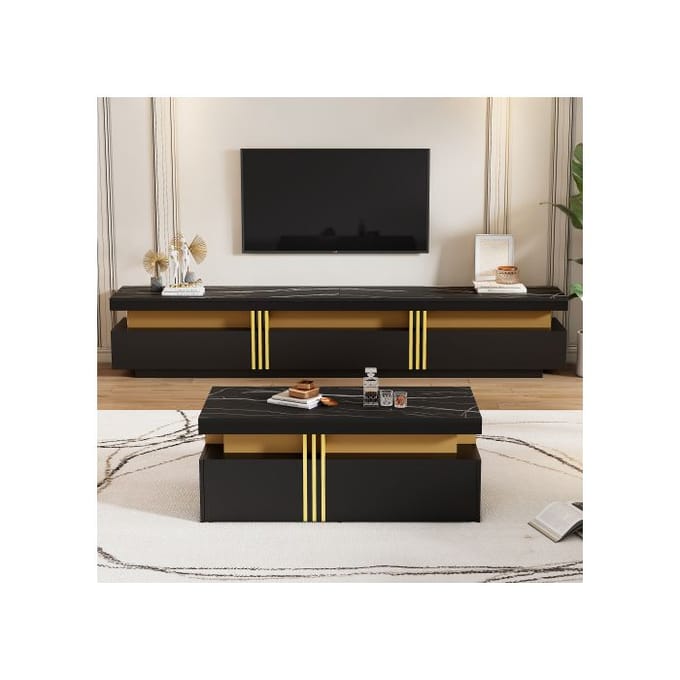 Ensemble mural TV noir, ensemble mural TV pour le salon, table basse + support TV, ensemble armoire multifonctionnel noir