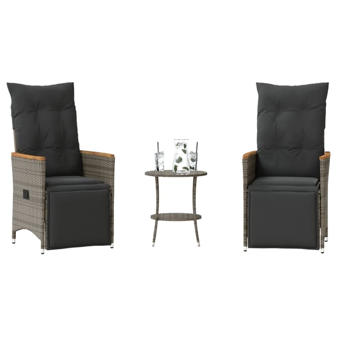 vidaXL - 3-delige - Bistroset - met - kussens - poly - rattan - grijs