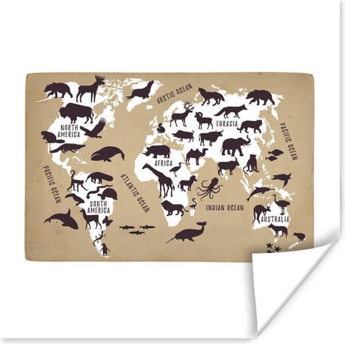 Wereldkaart Kinderen - Wit - Dieren - 30x30 cm - Poster