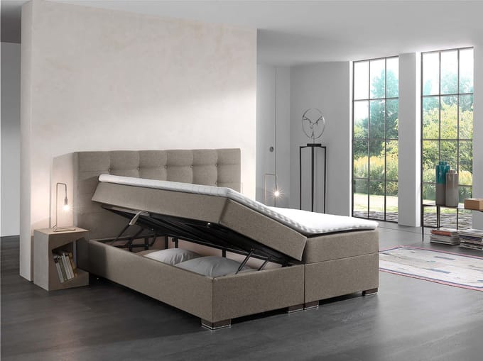 Boxspring bed Malaga 140cm Taupe structuurstof compleet bed met opbergruimte ' topper inbegrepen' zetelsenbedden