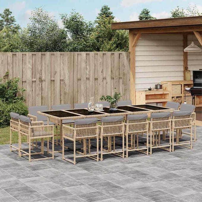 vidaXL - 15-delige - Tuinset - met - kussens - poly - rattan - gemengd - beige
