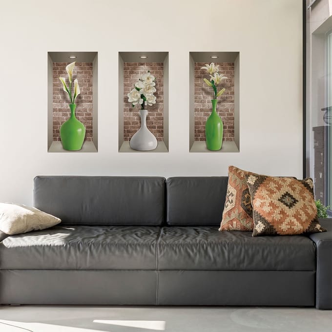 3D-sticker met vaasjes en witte bloemen, 60 x 90 cm