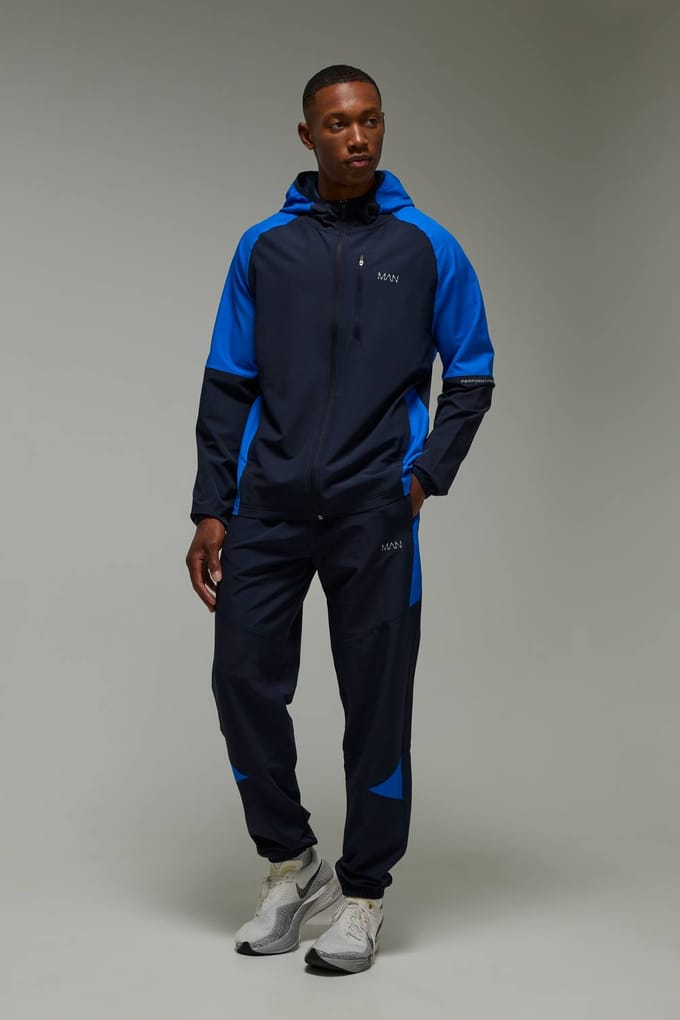 Man Active Colour Block Stretch Woven Regular Fit Tracksuit | Navy | Size Medium