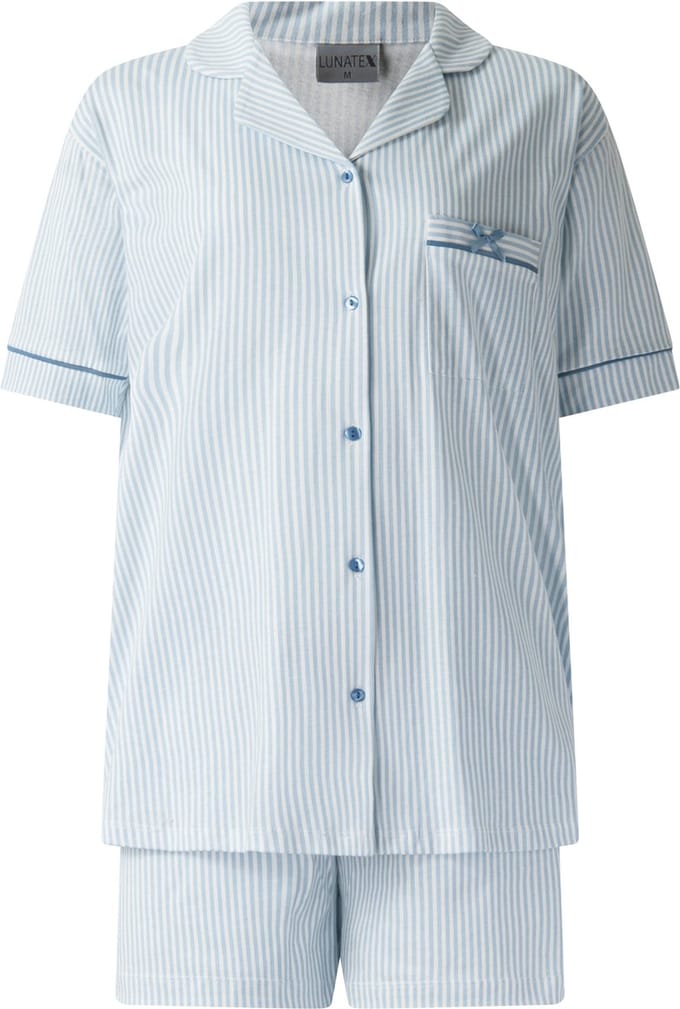 Lunatex - dames shortama 124268 doorknoop - korte pyjamaset - blauw - maat M