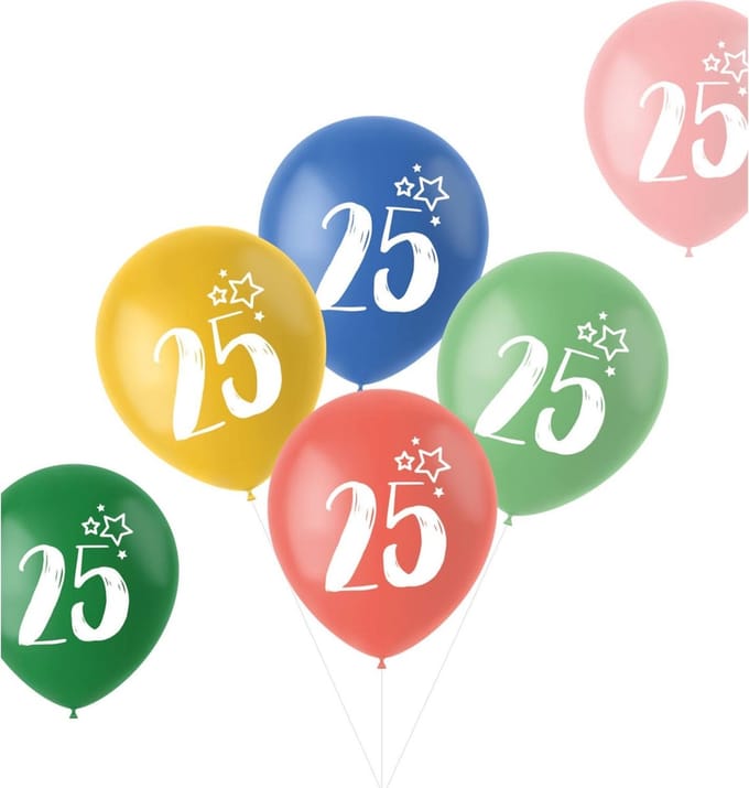 Ballonnen Retro 25 Jaar Meerkleurig 33cm - 6 stuks