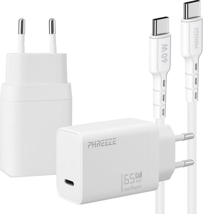 Phreeze usb C oplader 65w met kabel 1m - Power Delivery snellader - laptop oplader usb C - usb C adapter - stekker - lader - usb c