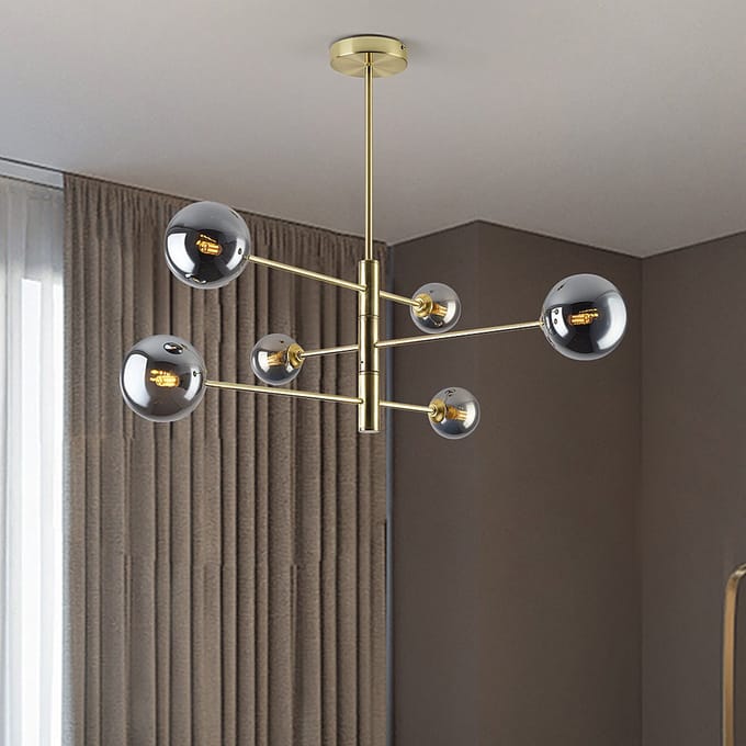 Plafondlamp Sest goud met smoke glas, 6-lichts