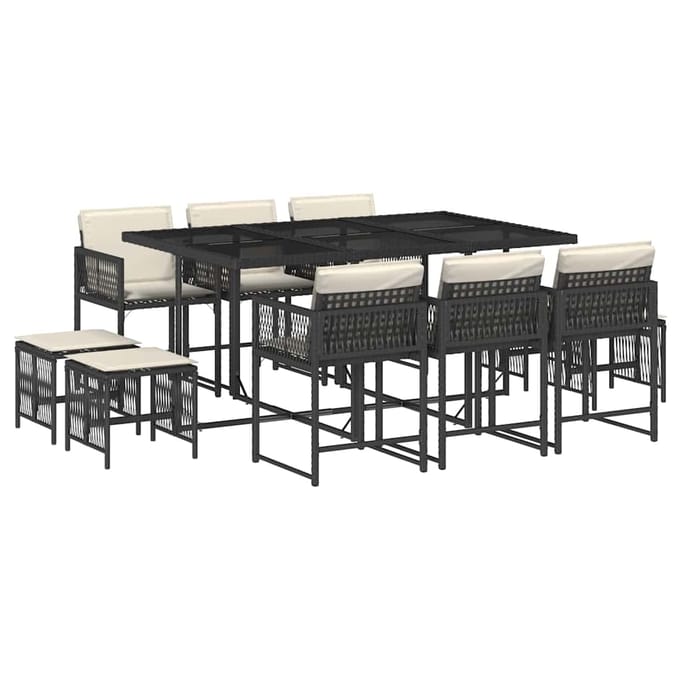 vidaXL - 11-delige - Tuinset - met - kussens - poly - rattan - zwart