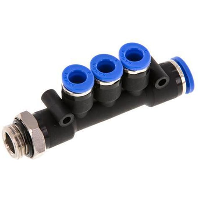 6mm x 8mm x G1/4'' 3-way Manifold Messing/PA 66 Insteekfitting Buitendraad Draaibaar NBR
