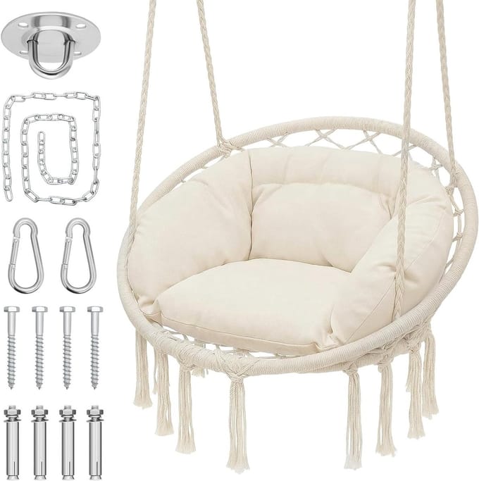 Hangstoel - Schommelstoel - Buiten Ontspannen - Boheems Macramé - 350 Lbs Capaciteit - Wit