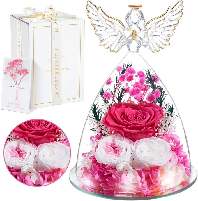 Eeuwige Roos - Bewaarde Bloem - Decoratie Thuis - Handgemaakte Engel - 14x14x22.5 cm - Roze