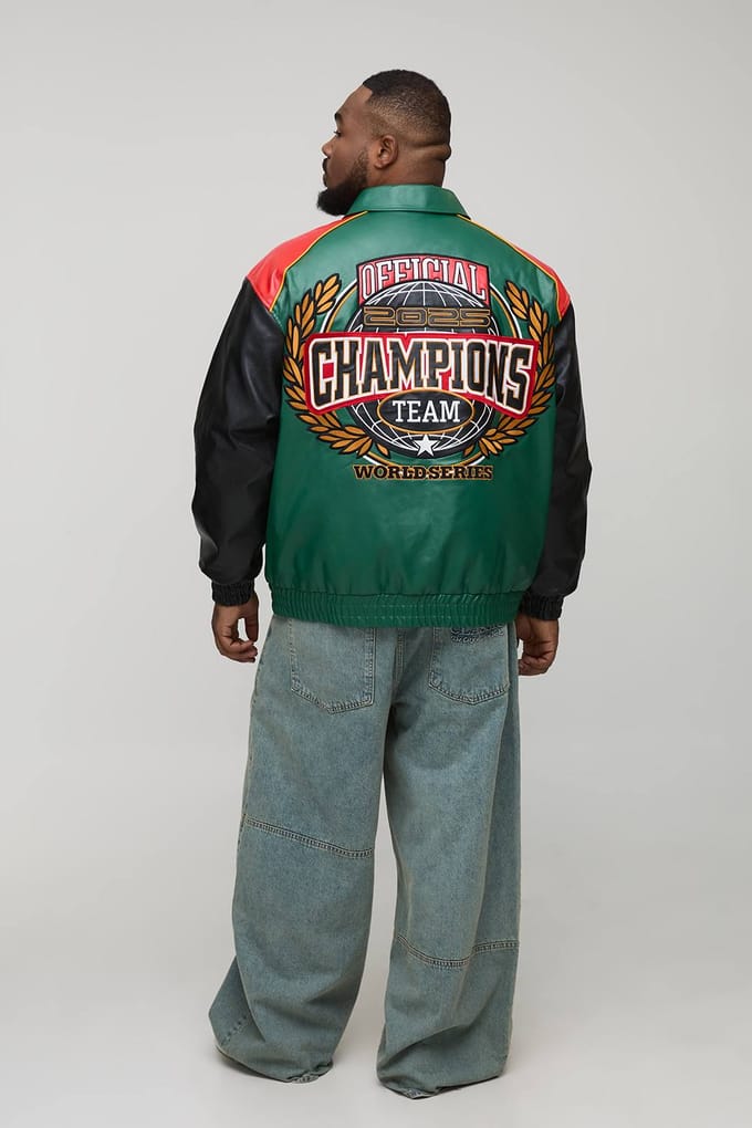 Plus Oversized Fit Homme Applique PU Collared Bomber Jacket | Forest | Size 2XL