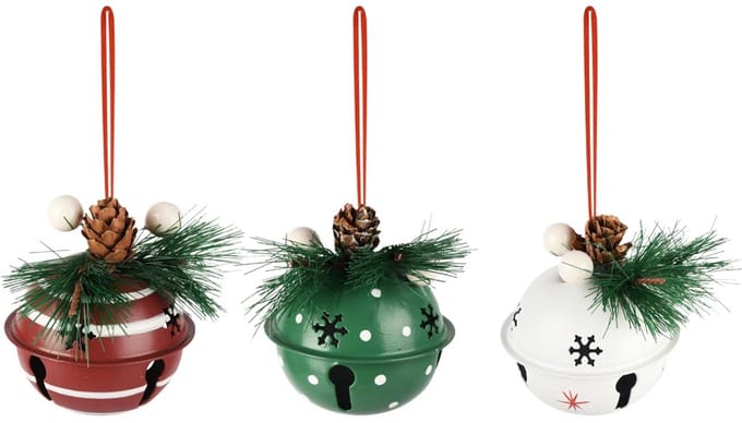 Dekoratief | Hanger bal m/belletje, groen/rood/wit, metaal, 7x7x6cm, set van 3 stuks | A255493