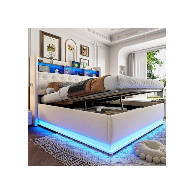 Verlicht LED - MUVOE - 180 x 200 cm - USB-aansluiting - Hydraulische opbergruimte - Beige linnen stof beige