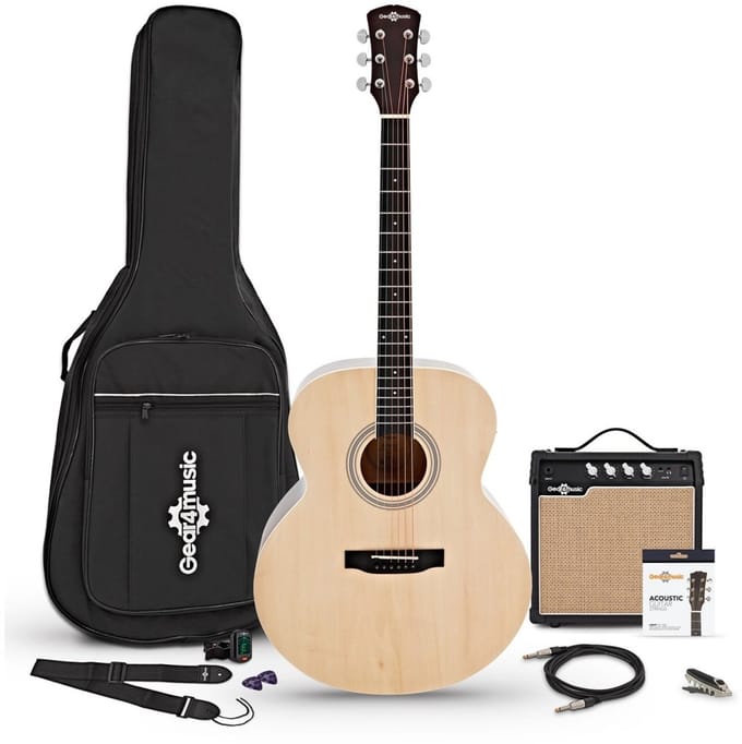 Jumbo Left Handed Electro Acoustic Guitar Natural, 15W Amp Pack