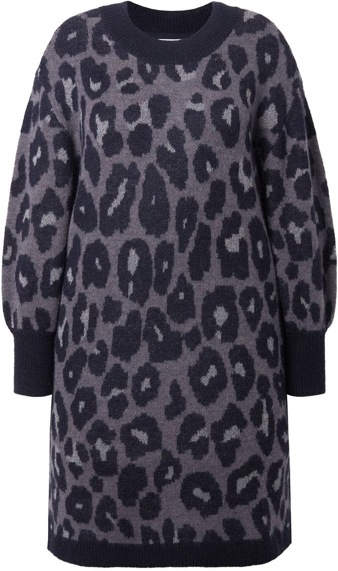 Studio Untold - Dames - Gebreide jurk oversized luipaardmotief ballonmouwen - Antraciet - Maat 46+