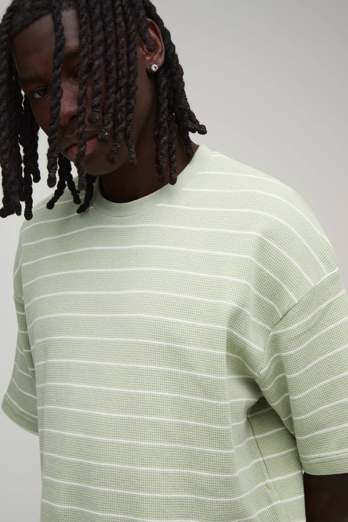 Oversized Striped Short Sleeve Waffle T-Shirt | Sage | Size Small