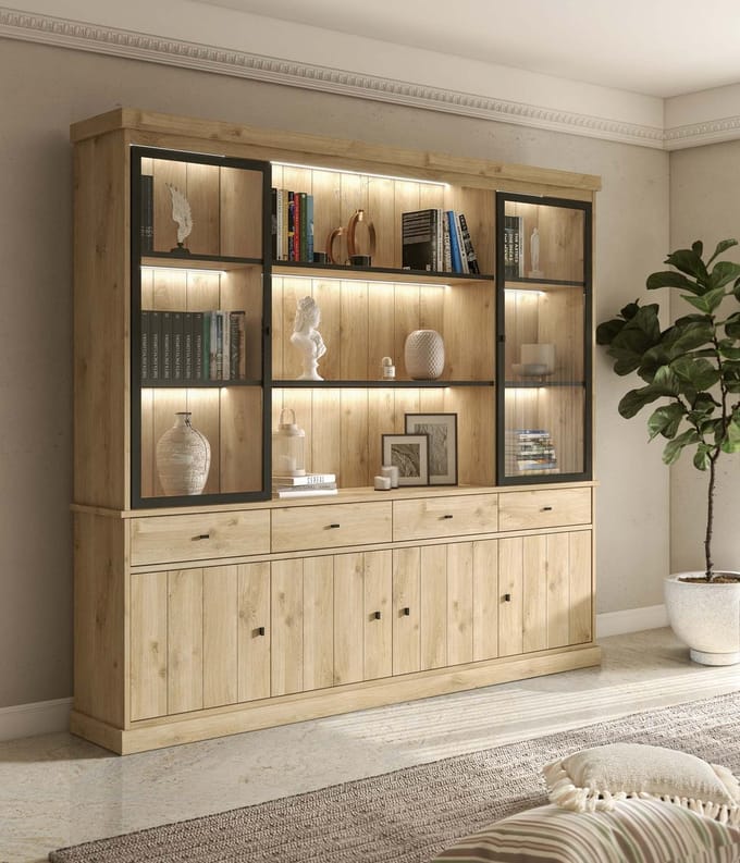 Belfurn - Balencia Vitrinekast 240cm – open middenvak met 2 glasdeuren en LED verlichting – lichte eik