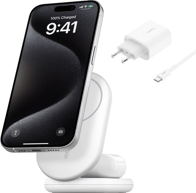 Belkin 2-in-1 Inklapbare Draadloze Lader Qi2 15W - Magsafe Compatibel - Wit