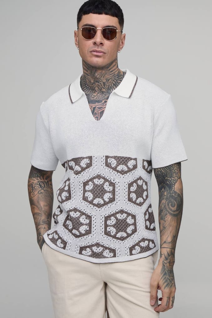 Tall Oversized Boxy Crochet Tapestry Knitted Polo T-Shirt | Taupe | Size Medium