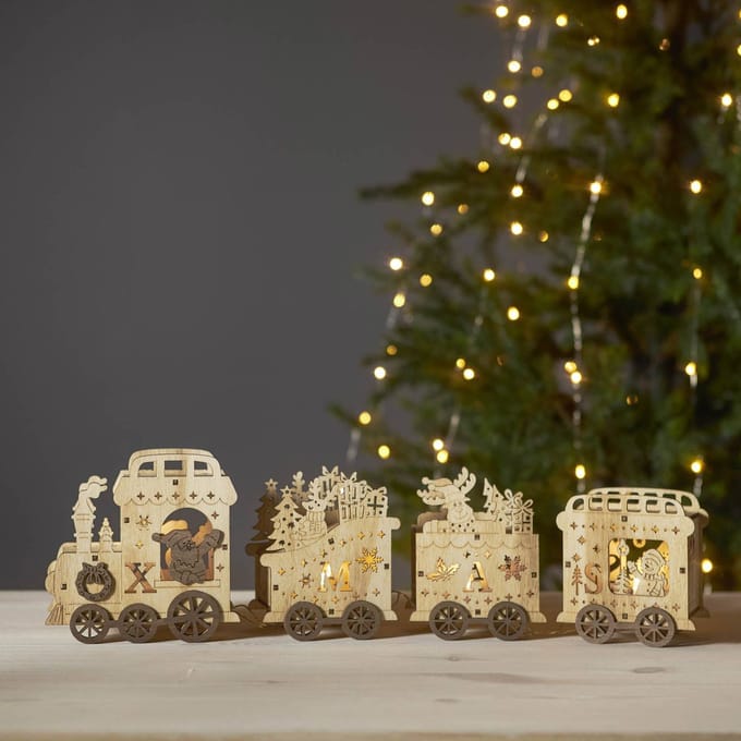 Star Trading Batterij-aangedreven Kersttrein 'Yuletide' van hout, 4 LED's, kerstversiering, 54 cm