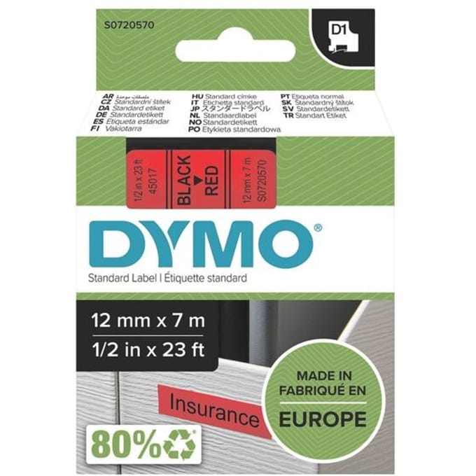 DYMO D1 Labels 12mm x 7m Roll Zwart Print on Rood Self-Adhesive Labels for LabelManager Label Printers Authentic
