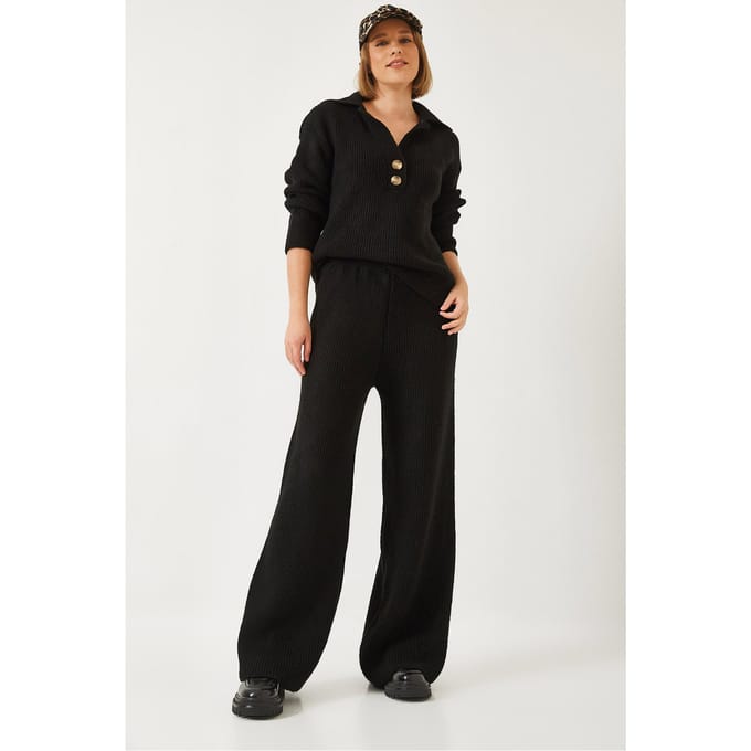 Hoge Taille Wijdpijpen Twee-delige Set met Hemdkragen