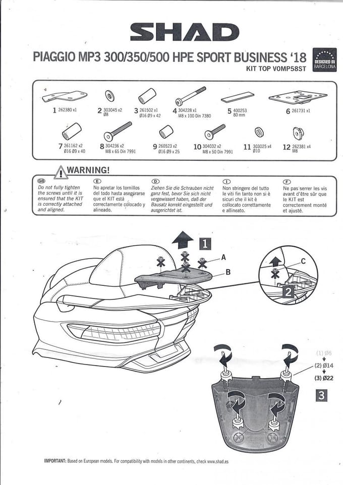 Support de top case Shad pour Scooter Piaggio 300 MP3 2018 à 2024 Neuf
