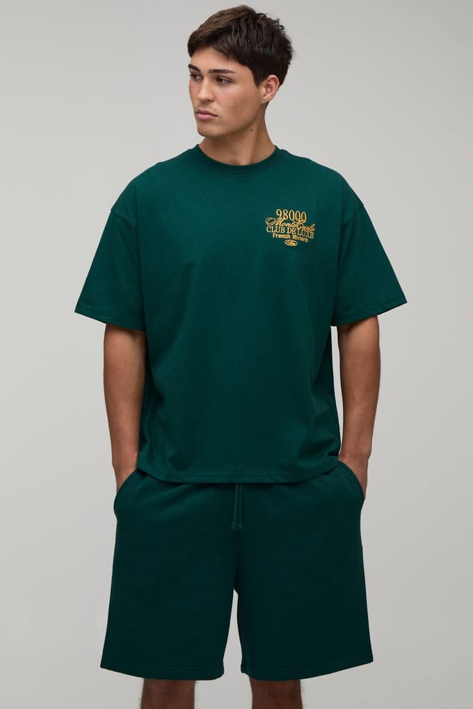Oversized Embroidered Monte Carlo T-Shirt & Baggy Short Set | Forest | Size Medium