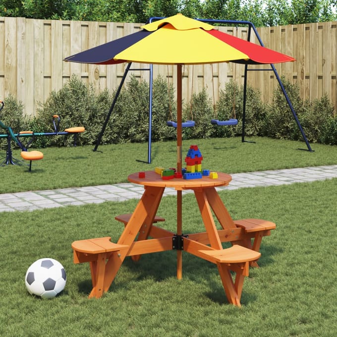 vidaXL - Picknicktafel - voor - 4 - kinderen - met - parasol - rond - vurenhout