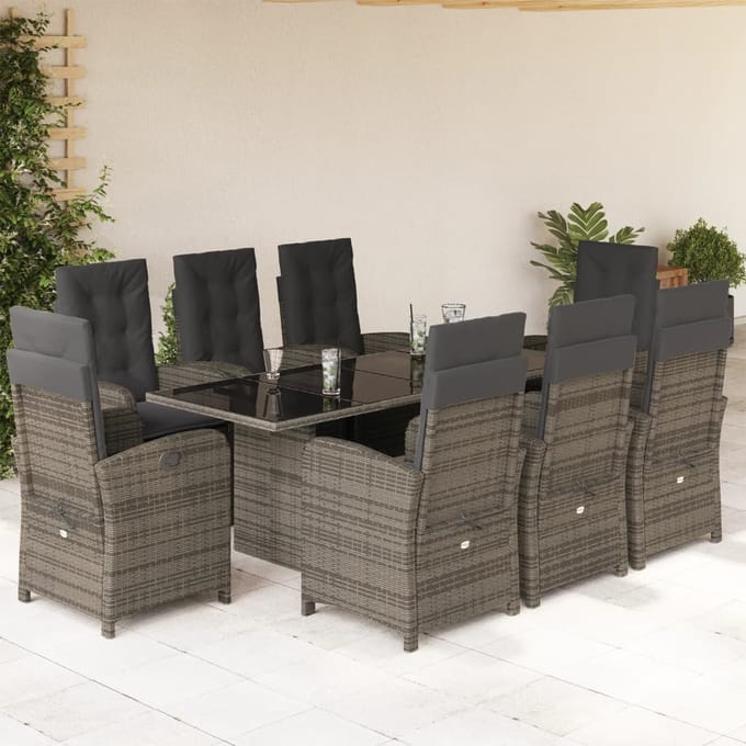 vidaXL - 9-delige - Tuinset - met - kussens - poly - rattan - grijs
