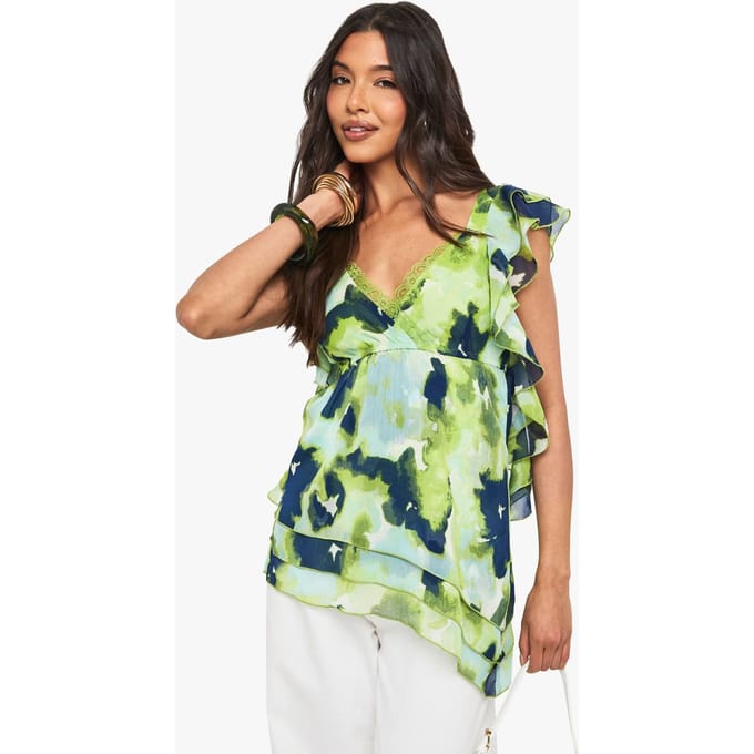 boohoo Dames Floral chiffon asymmetrische ruches blouse | Green | Maat: 8