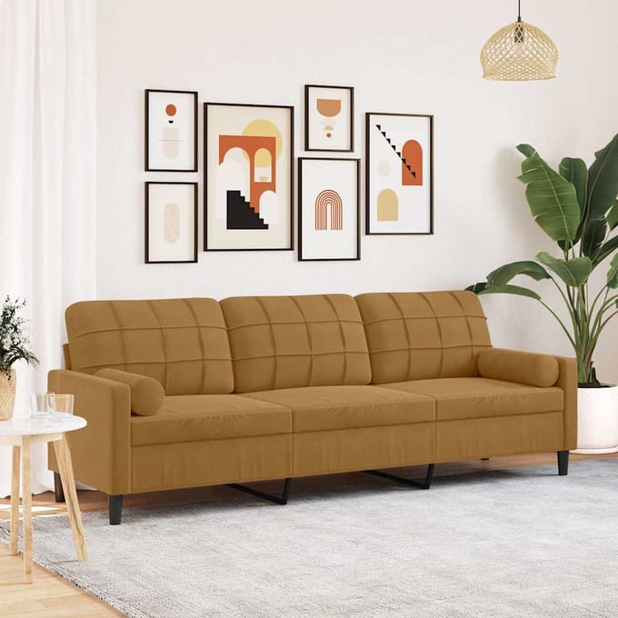 vidaXL - 3-zitsbank - met - sierkussens - 210 - cm - fluweel - bruin