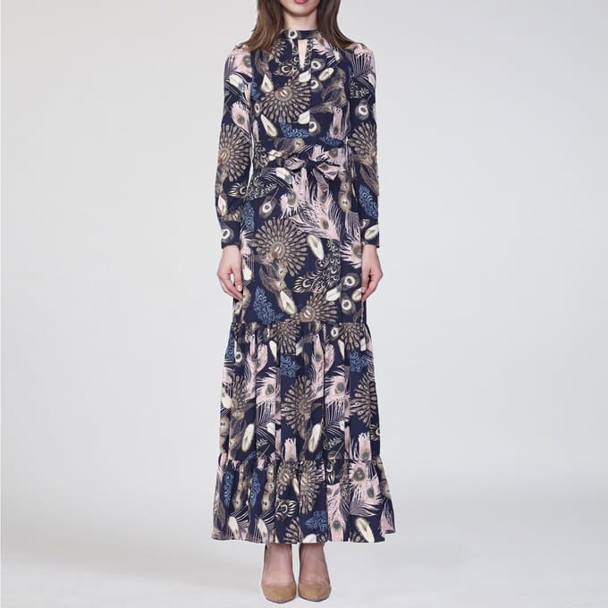 Boheemse stijl lange jurk met ruches en veren print