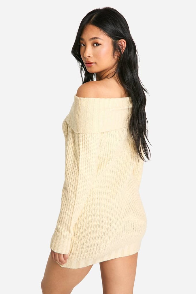 boohoo Dames Petite Wide Rib Bardot Halslijn Mini Jumper Jurk | Steen | Maat: Medium