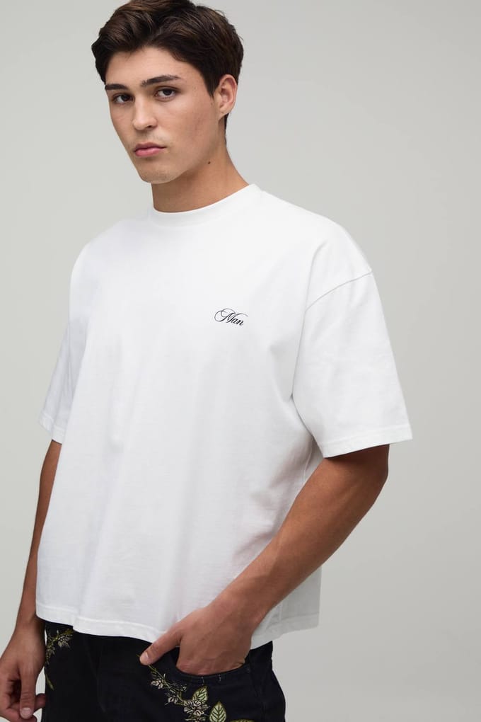 Oversized Boxy T-shirt Met Bloemenborduursels In Zwaar Katoen | White | Size Medium