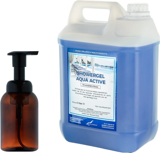 Zeepdispenser 300 ml amber bruin hervulbaar + 5 liter Showergel Aqua Active navulling