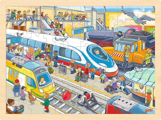 GOKI Puzzel - Treinstation - 96 Stukjes - 40X30X0,8Cm - Hout - 3 Jaar