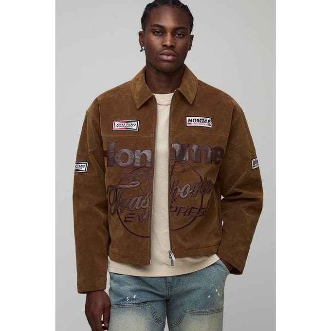 Boxy fit nep suède heren varsity bomberjack | Mocha | Size Medium