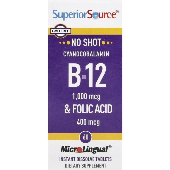 Cyanocobalamine B-12 & foliumzuur, snel oplossende microlinguale tabletten, 60 stuks.