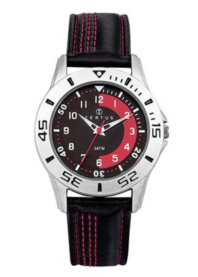 Certus-Stoer jongens horloge-Zwart/Rood-Lederen band-37MM